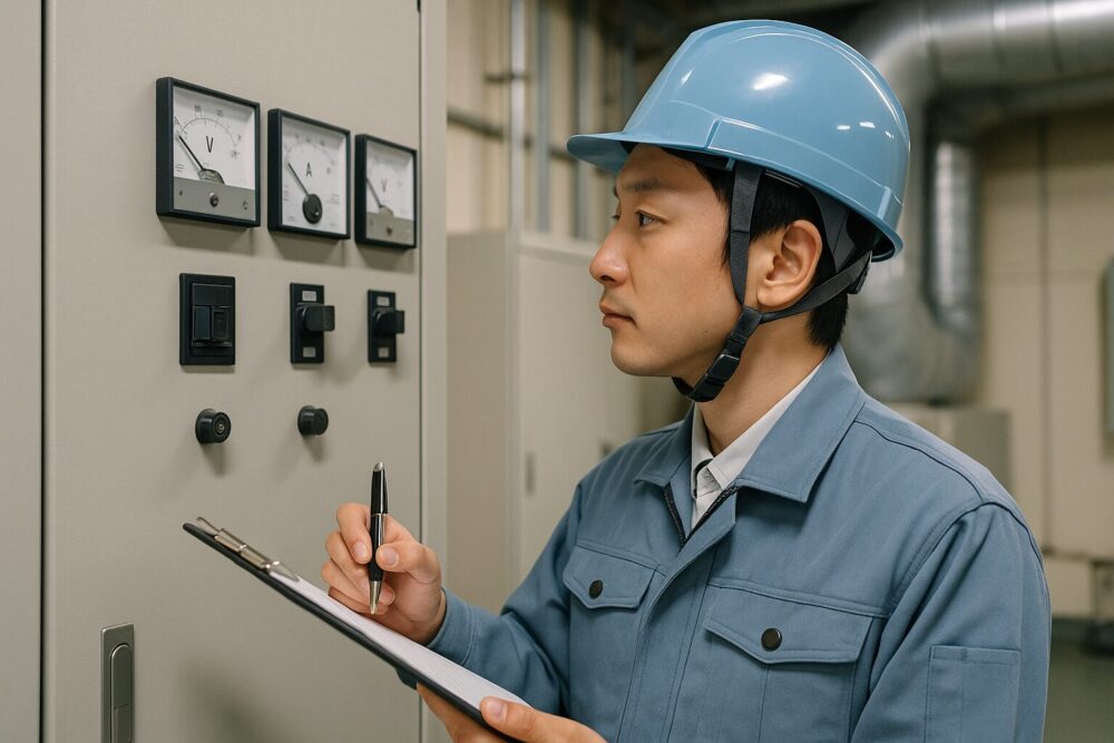 電圧計を見ながら点検用紙に記入する男性